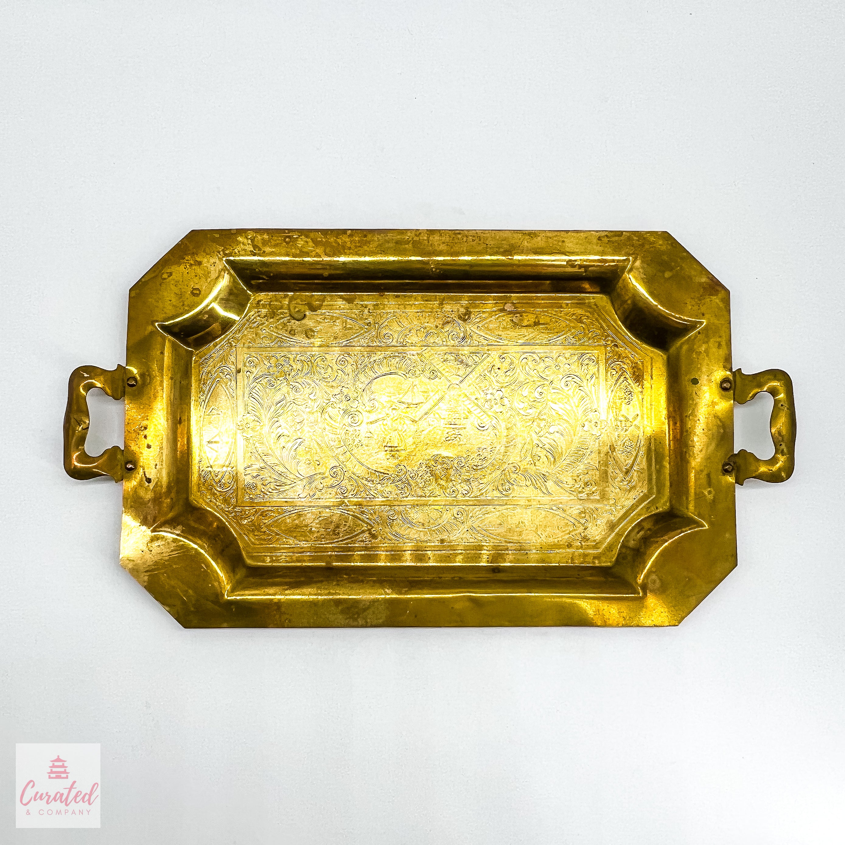 Plaid Etched Tray-Antique Brass - Artistic Elements